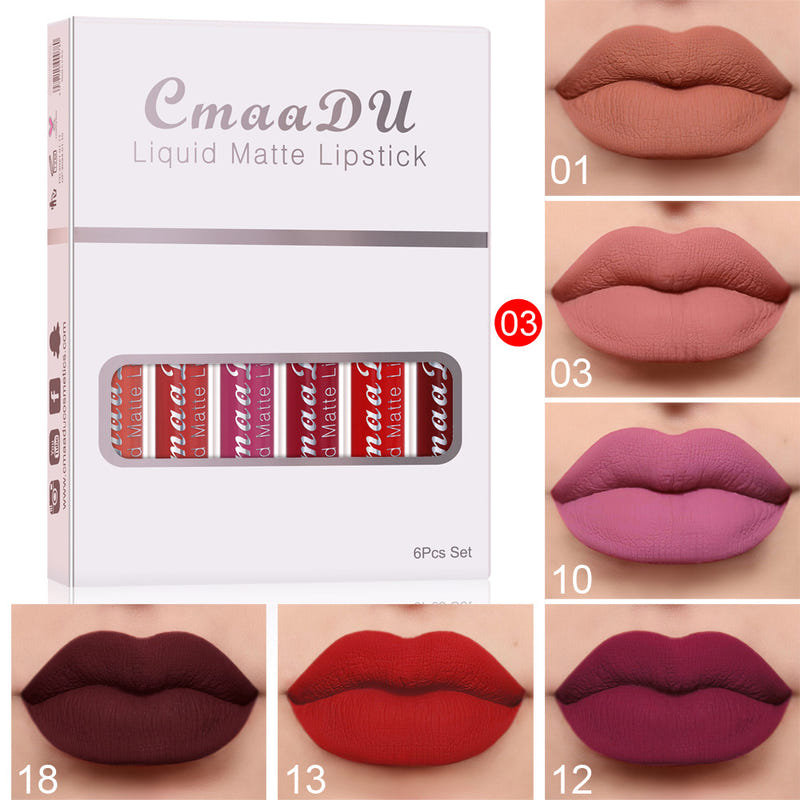 CmaaDu liquid matte lipstick set box with lip shade swatches in nude, rose, deep red