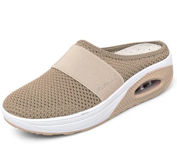 Women’s khaki/beige mesh slip-on slippers with air-cushion heel sole