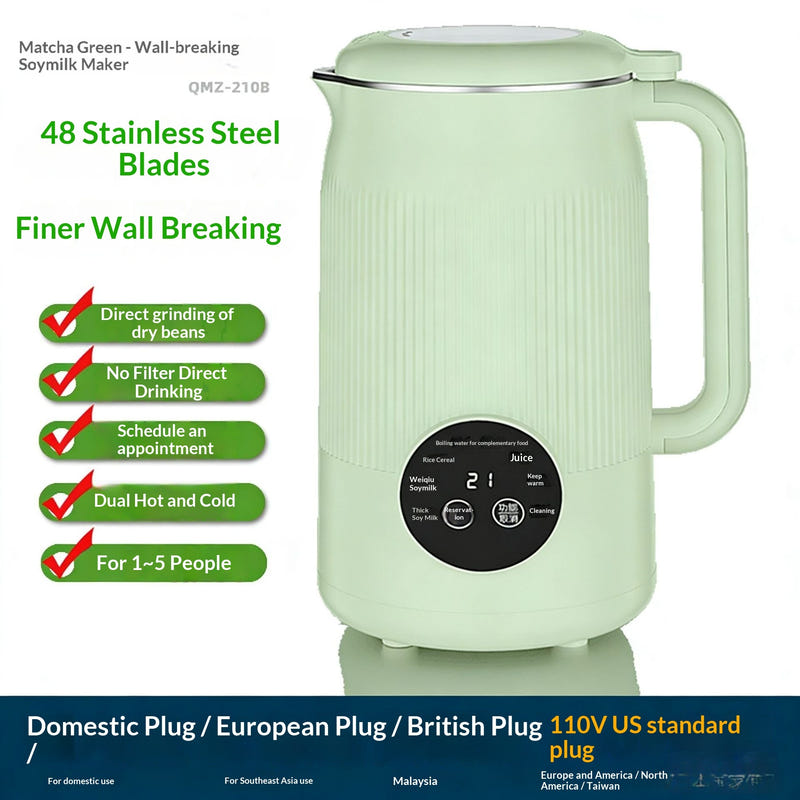 Light mint-white electric soy milk maker with lid, handle, and round front control panel