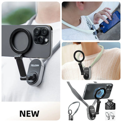 Black and gray magnetic neck mount holding a smartphone on a silicone strap.
