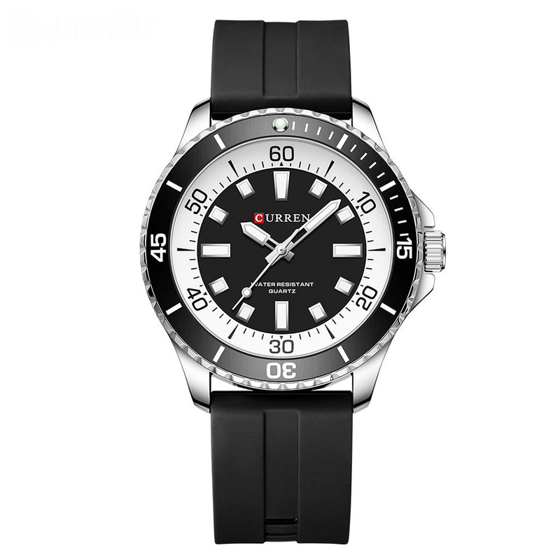 CURREN quartz watch with black dial and strap, white minute ring and black bezel