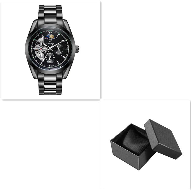 Black mechanical tourbillon watch with black dial and black metal link bracelet