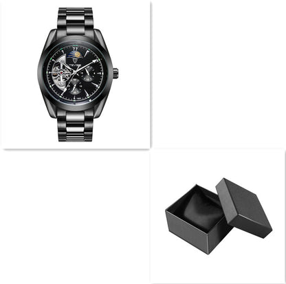 Black mechanical tourbillon watch with black dial and black metal link bracelet
