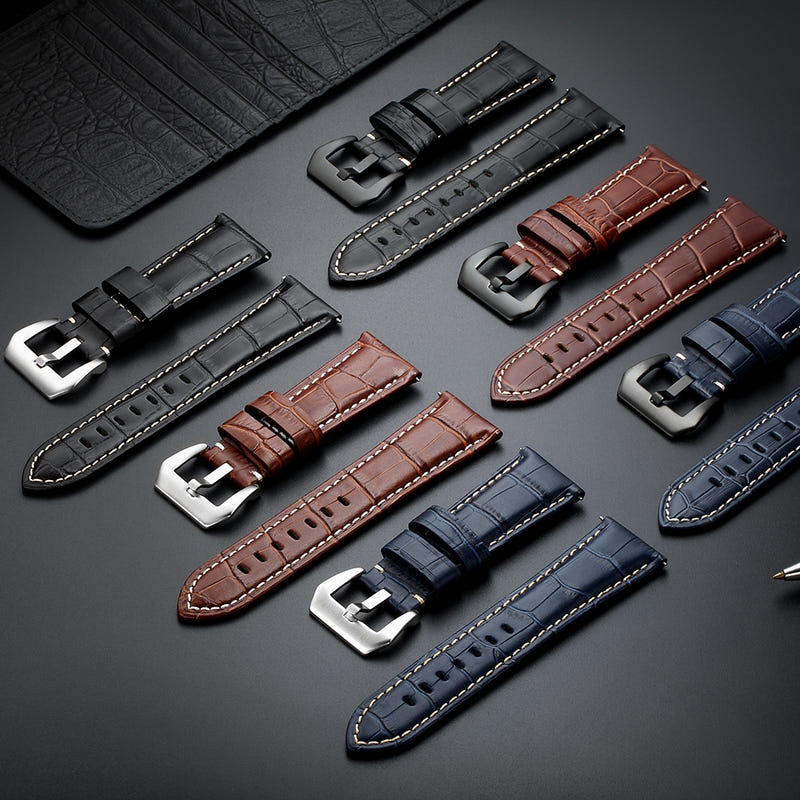 Vintage bamboo pattern leather watch strap assortment with metal buckles and stitching, dark and brown.