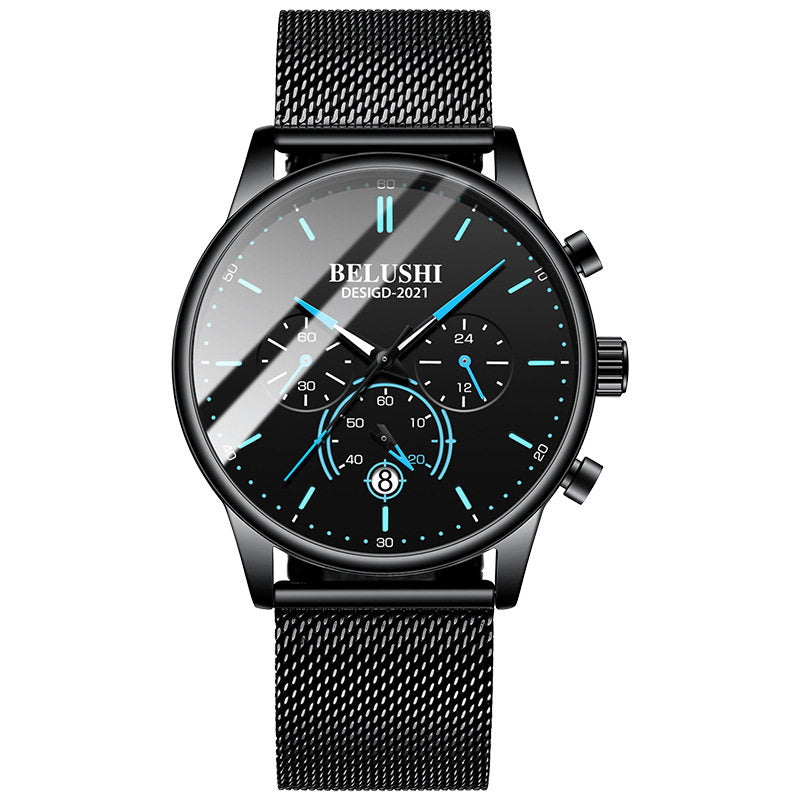 Black watch with mesh band and blue accents on a white background, featuring the brand 'BELUSHI'.