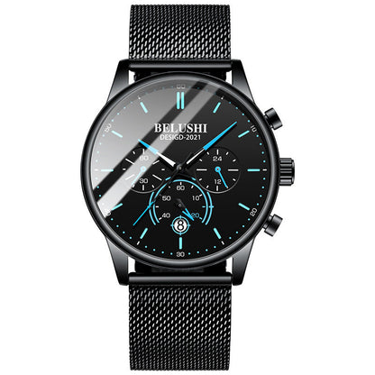Black watch with mesh band and blue accents on a white background, featuring the brand 'BELUSHI'.
