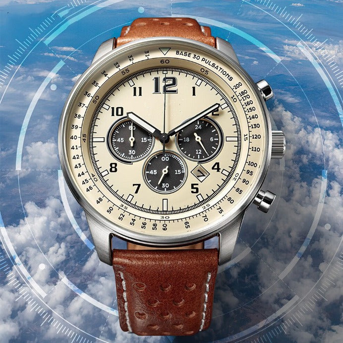 Round quartz watch with beige dial, three black subdials and a brown stitched strap against a blue background