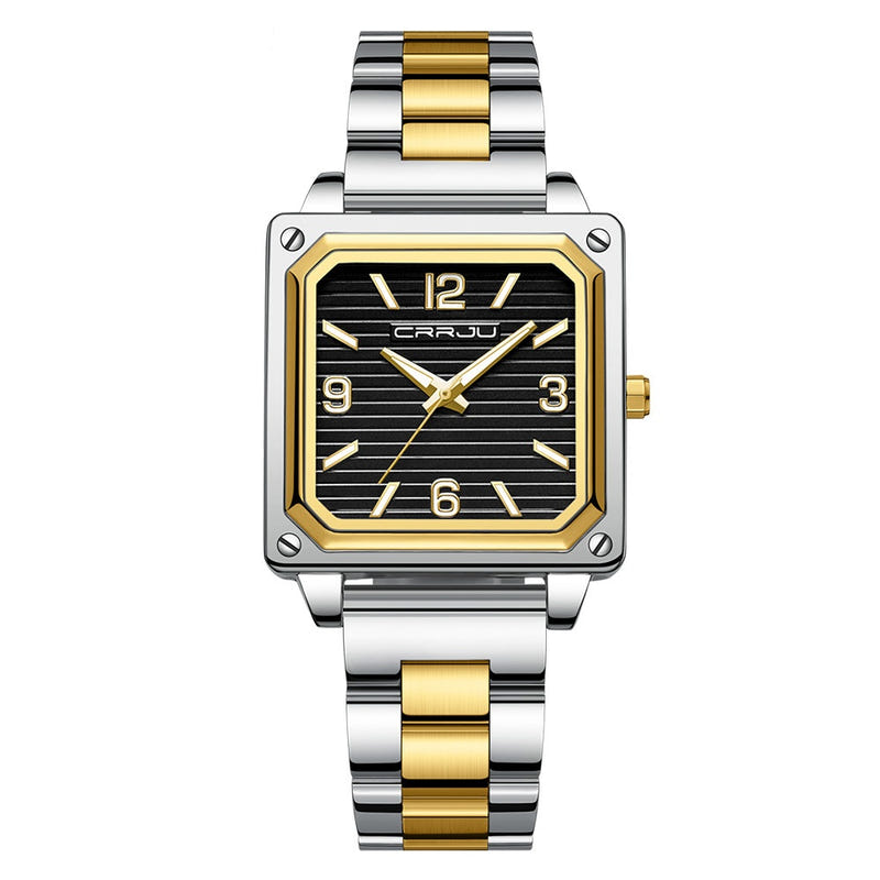 Unisex square waterproof quartz watch, silver-and-gold metal bracelet, black dial with gold hands