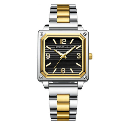 Unisex square waterproof quartz watch, silver-and-gold metal bracelet, black dial with gold hands