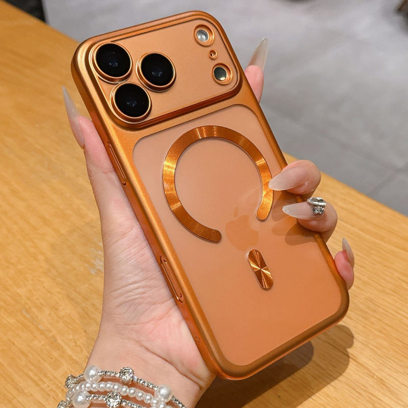 Orange protective phone cover with circular grip ring and camera lens openings