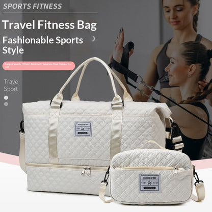 White quilted travel bag with top handles and matching crossbody pouch