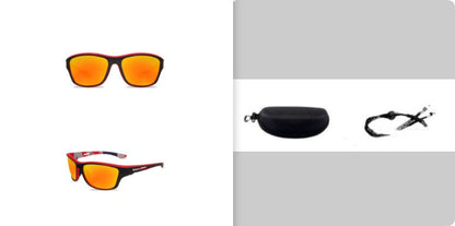 Sunglasses with case and cleaning cloth on a gray background