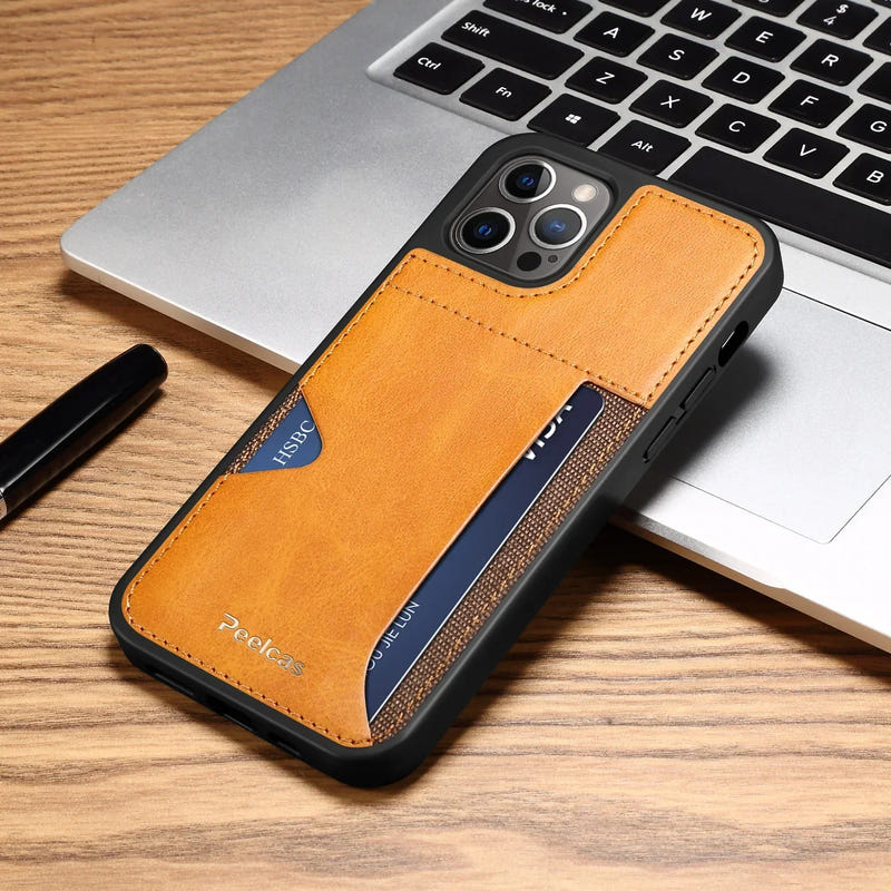 Tan leather card phone case with front card slot and textured side pocket