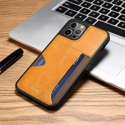 Tan leather card phone case with front card slot and textured side pocket