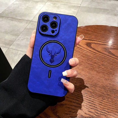 Royal blue phone case with deer emblem ring and lens protection cutouts