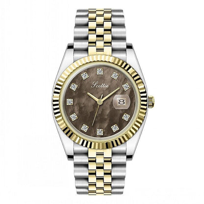 Luxury watch with silver and gold band on a white background