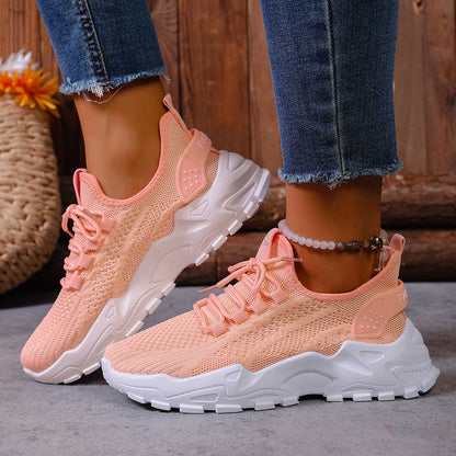 Pink knit lightweight women's sneakers, lace-up with thick white sole