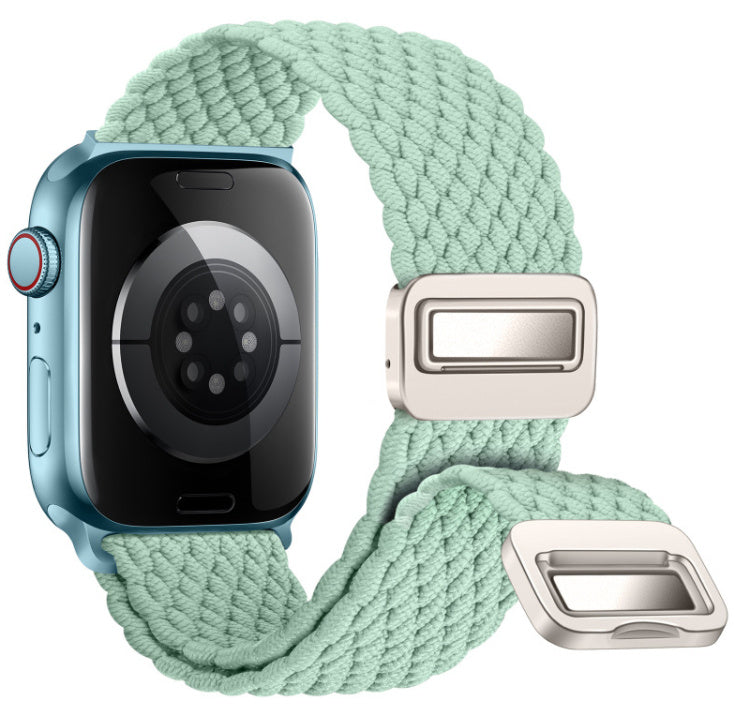 Smartwatch with a mint green braided band on a white background