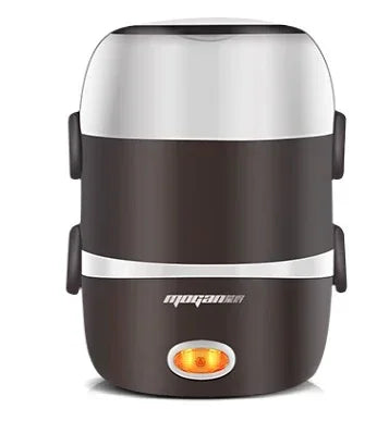 Electric rice cooker front view with black and white exterior, side handles and warm indicator