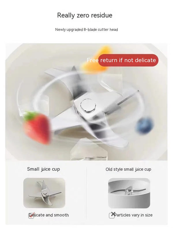 Clear mini juice blender cup with multi-blade cutter head on a small pitcher