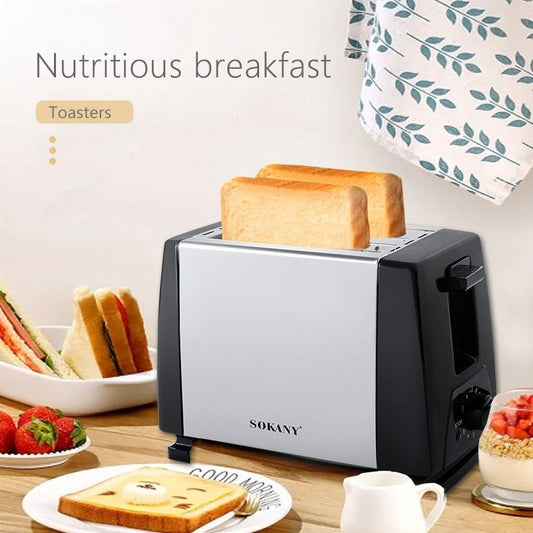 Toaster with slices of bread, surrounded by breakfast items on a wooden table.