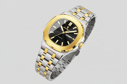 Two-tone stainless steel quartz watch with black dial, gold markers, link bracelet