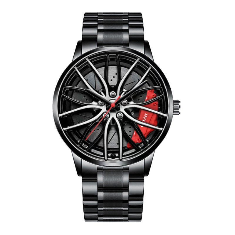 Wristwatch with car wheel design on the face, black and red colors, on a white background