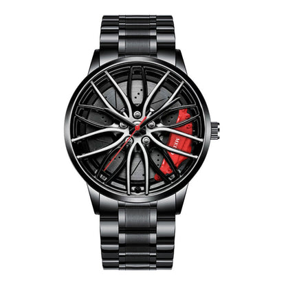 Wristwatch with car wheel design on the face, black and red colors, on a white background