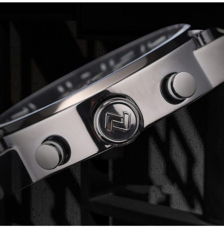 48mm multi-function quartz watch buckle close-up with metal logo