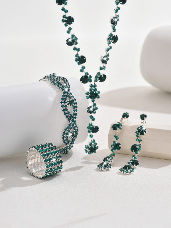 Green crystal necklace with pendant, matching earrings and cuff bracelet set