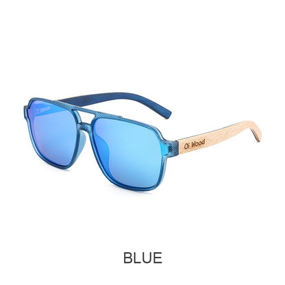 Blue sunglasses with wooden arm on a white background