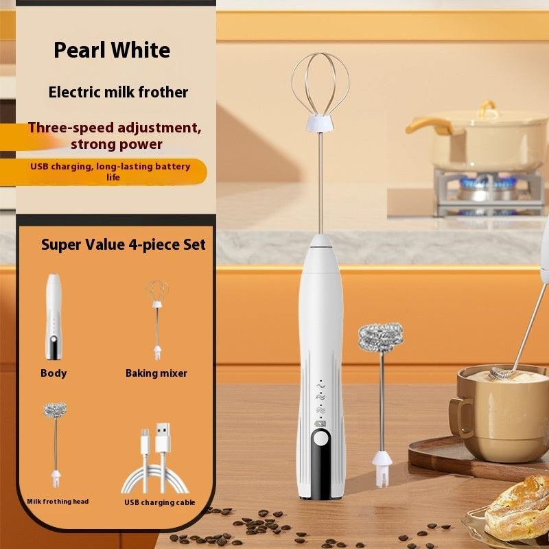 Pearl white handheld electric milk frother with whisk rod and accessory set