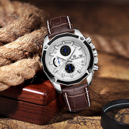 MEGIR men's quartz watch with white dial, three subdials and brown stitched strap beside a rope