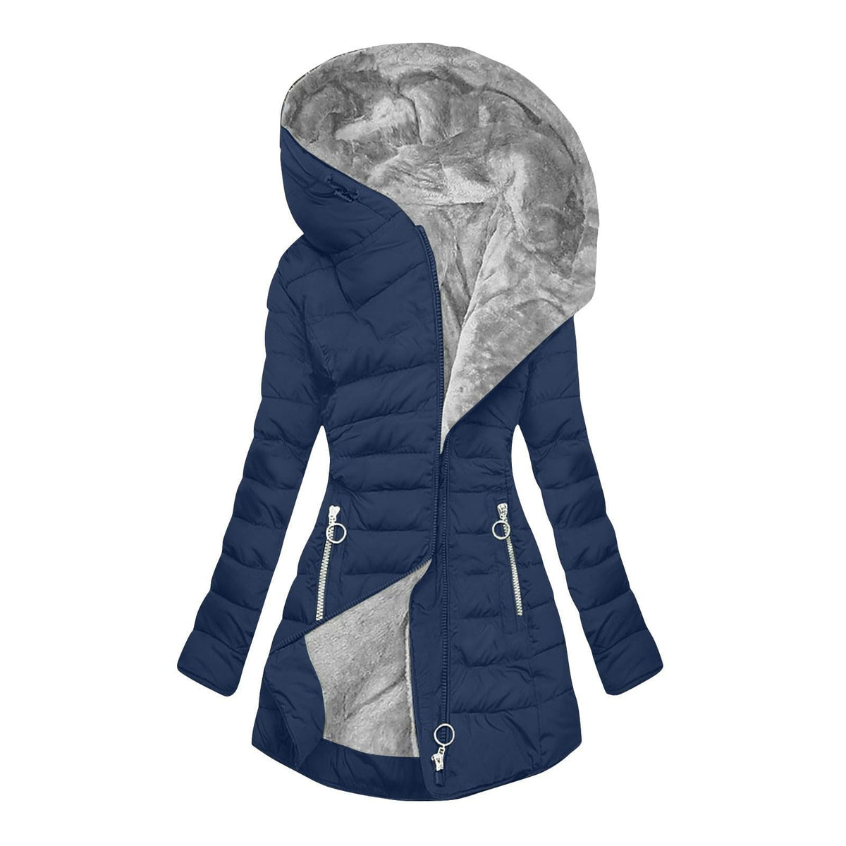 Hooded quilted cotton jacket, navy with grey faux-fur hood lining and zip pockets