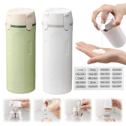 4-in-1 travel dispenser bottle, green and white set with flip-top pump and labeled compartments