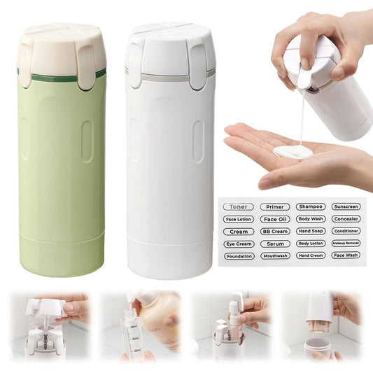 4-in-1 travel dispenser bottle, green and white set with flip-top pump and labeled compartments