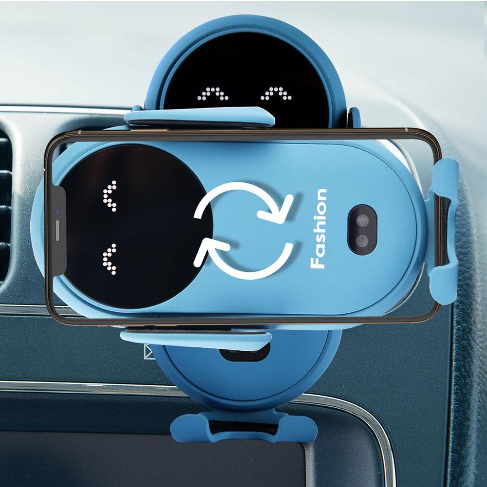 Blue car wireless phone holder showing charging animation on the screen
