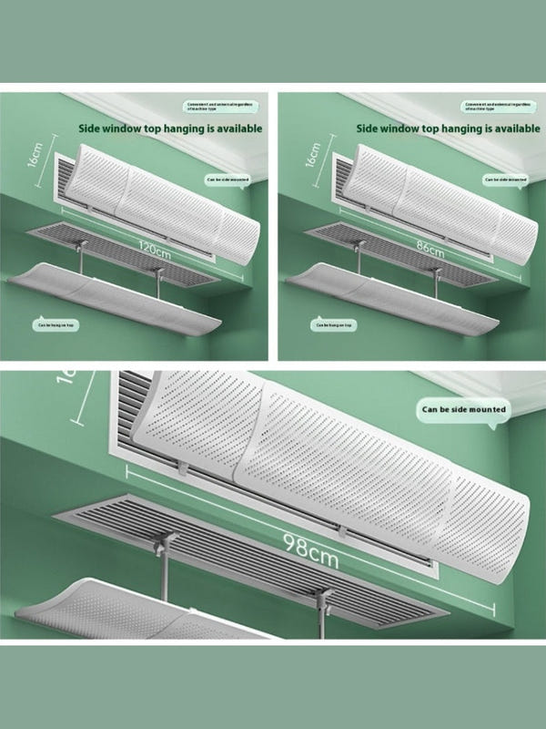 Retractable wind-guiding hood with two sizes shown: 120cm and 85cm, white perforated