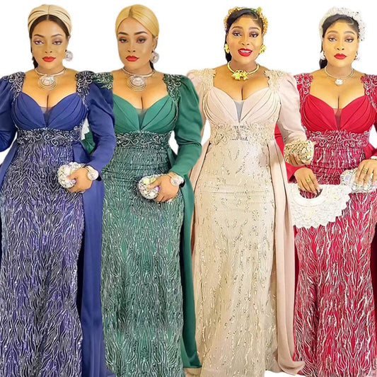 Plus Size Women's Dress V-neck Backless Sequined Evening Dress - YAXSO