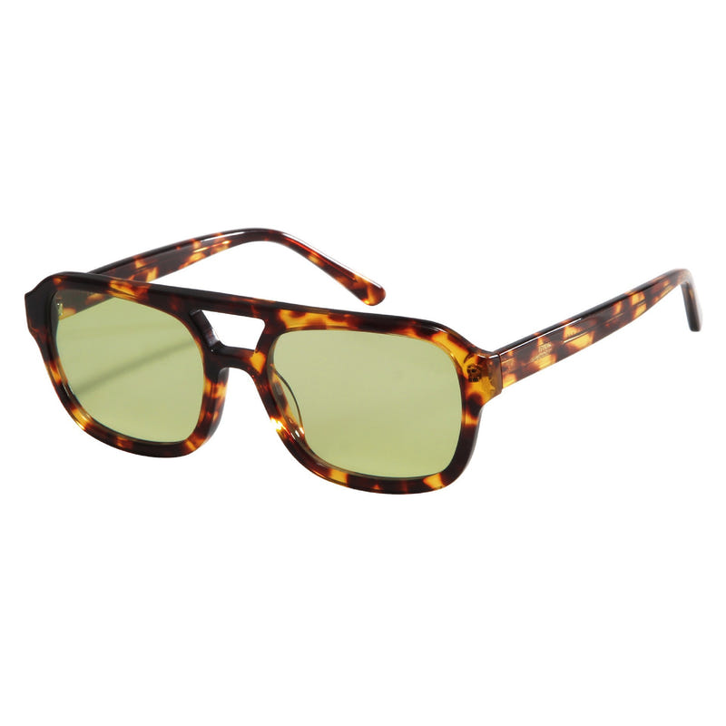 Tortoiseshell cat-eye sunglasses with light green lenses and thin metal end pieces