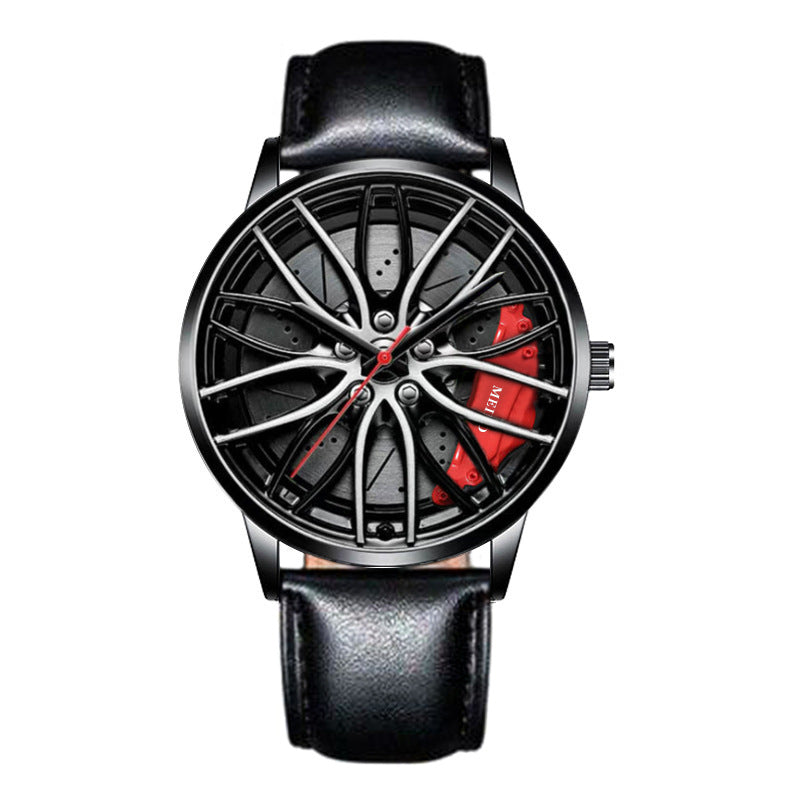 Wristwatch with black leather strap and unique design on a white background