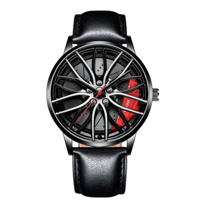 Wristwatch with black leather strap and unique design on a white background