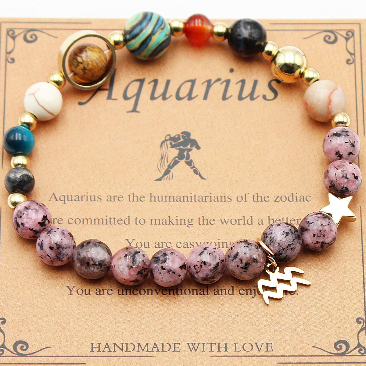 Hemp beaded bracelet with purple-pink stones, blue beads, and gold-tone star charm