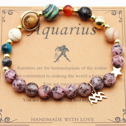 Hemp beaded bracelet with purple-pink stones, blue beads, and gold-tone star charm