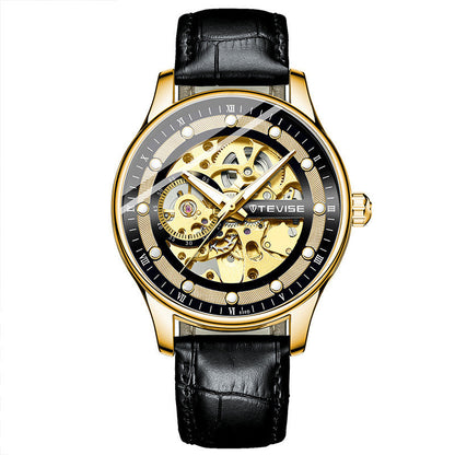 Gold wristwatch with black leather strap on a white background