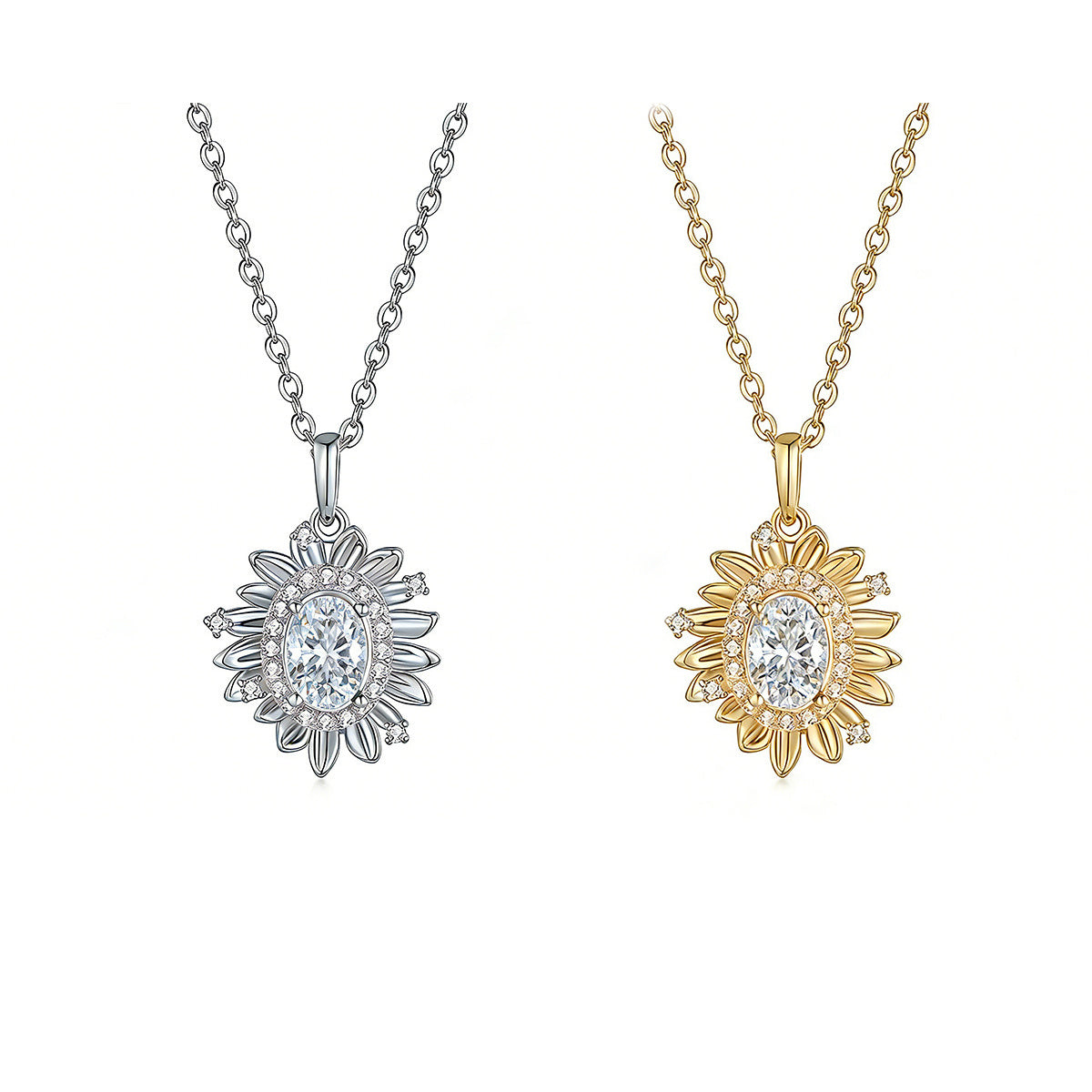 Two sunflower-shaped pendants on chains, one silver and one gold, on a white background.