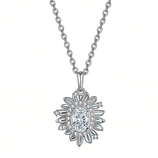 Silver necklace with a floral pendant on a white background