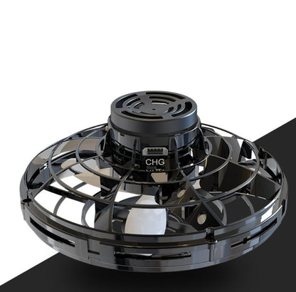 Black mini fingertip spinning toy drone with circular grille top and CHG