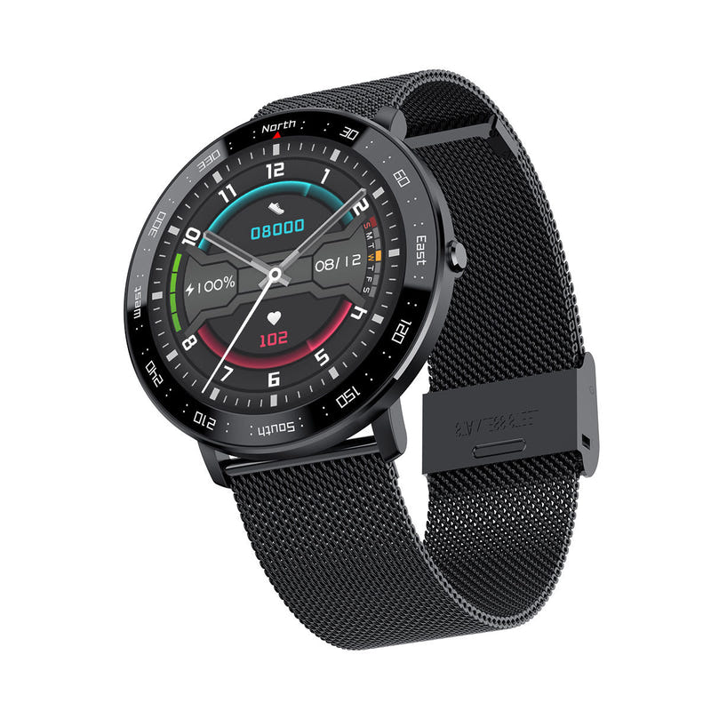 Smart watch with black mesh band and round black touchscreen display
