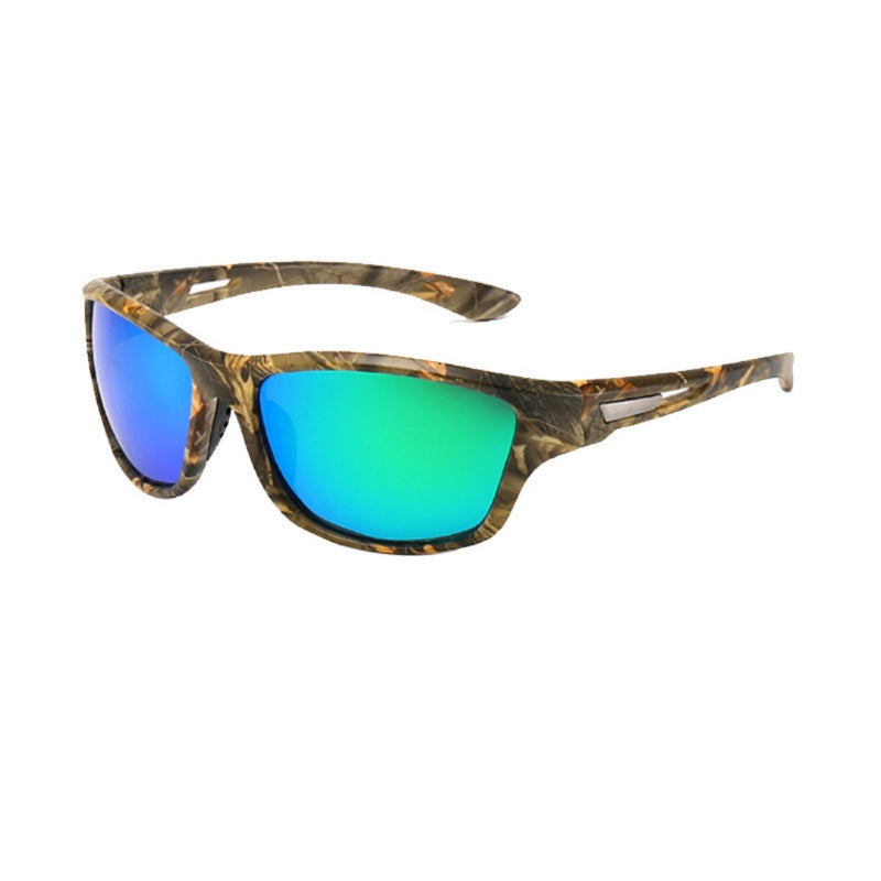 Sunglasses with camouflage frame and green-blue lenses on a white background